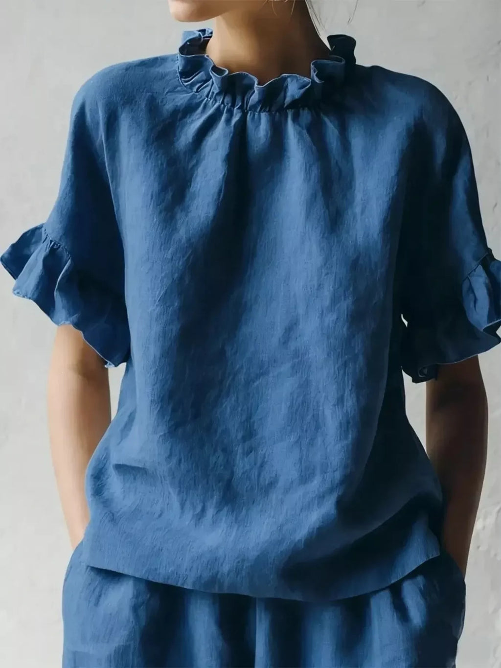 Plus size Shopimist ruffled neck half sleeve blouse with full size fit and stylish design, featuring elegant ruffles and a relaxed fit.