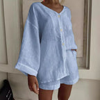 Women's cotton linen shirt and shorts set by Plush Fashion Hub, long sleeve casual 2-piece with buttons in natural fabric.