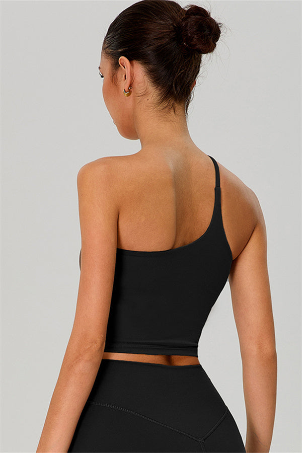 Fitglutes activewear one-shoulder crop top and matching shorts 2-piece set, ideal for gym and workout sessions.
