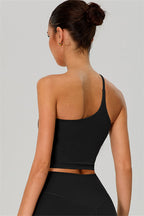 Fitglutes activewear one-shoulder crop top and matching shorts 2-piece set, ideal for gym and workout sessions.