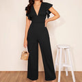 Women's elegant high-waist ruffle trim jumpsuit in three colors by FitiqueFit, casualwear with stylish ruffle details and a flattering fit.