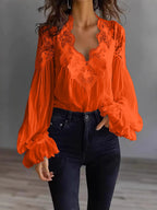 Lace-panel puff sleeve pleated ruffle ballet-style shirt by Plush Fashion Hub, featuring delicate lace details and elegant design.