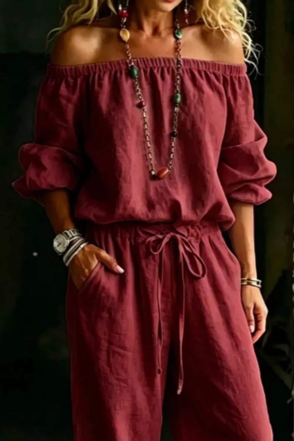 Plus size off-shoulder top and pants set by Plush Fashion Hub, featuring a stylish, coordinated ensemble in a full size fit.