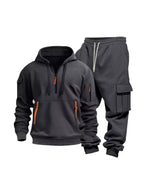 Men's plus size full zip hoodie and cargo pants set by Shopimist, featuring a comfortable half zip hoodie and stylish cargo pants.