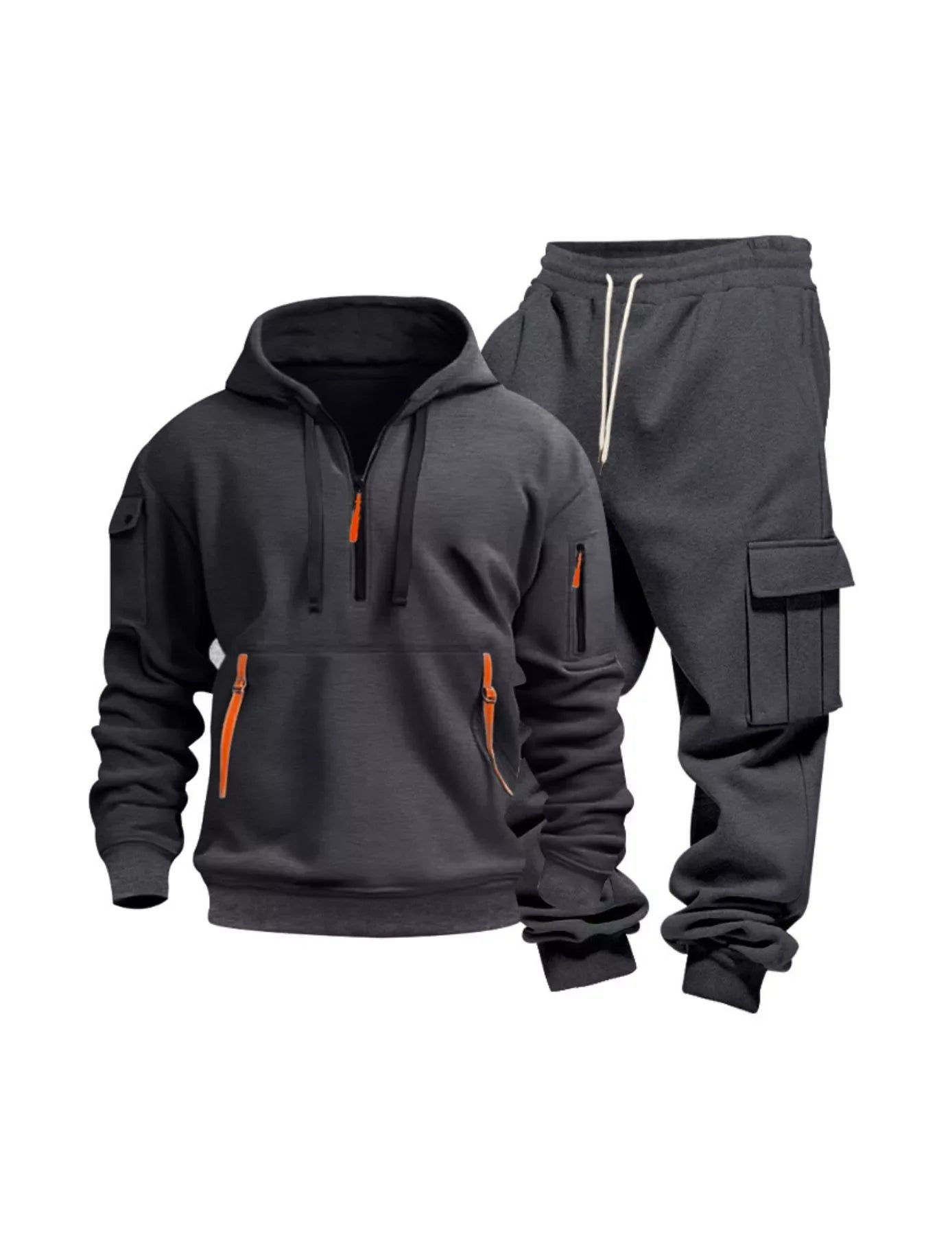 Men's plus size full zip hoodie and cargo pants set by Shopimist, featuring a comfortable half zip hoodie and stylish cargo pants.