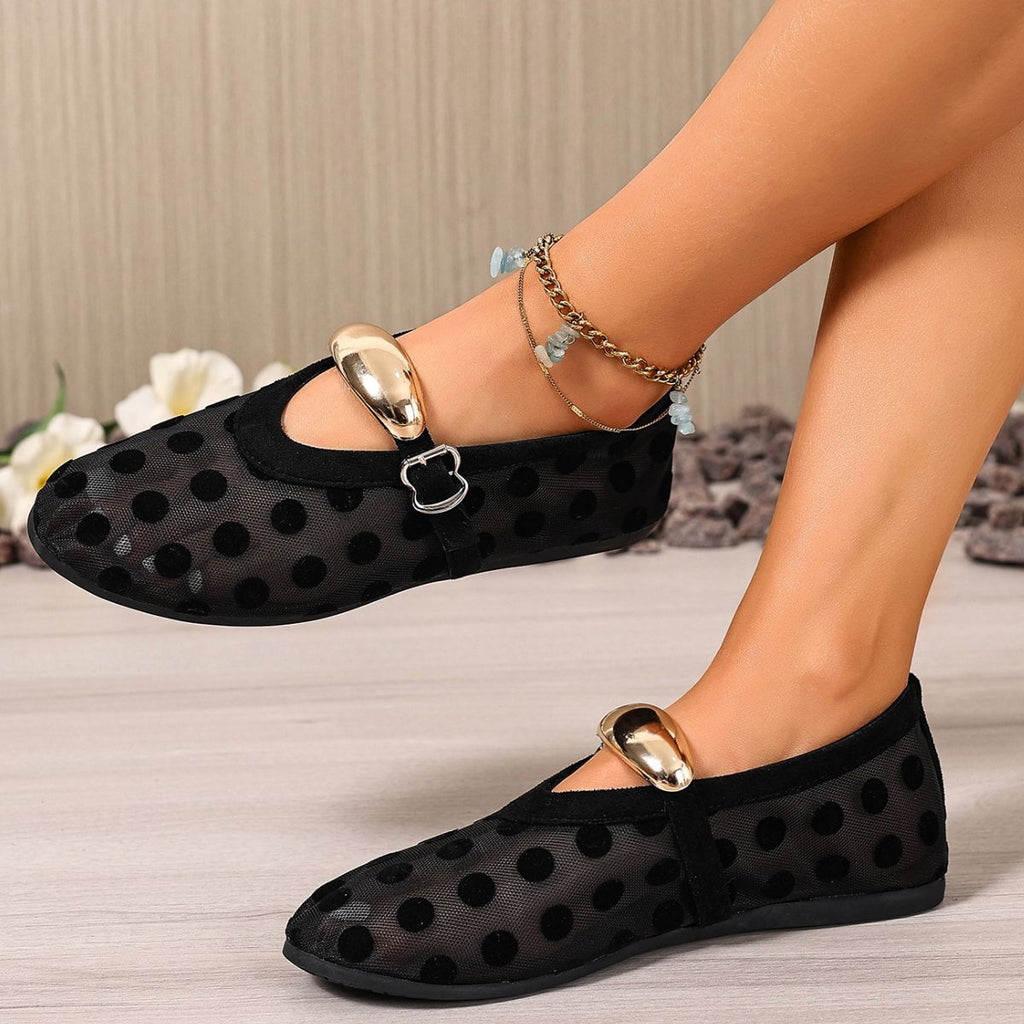 Women's polka dot mesh slip-on flats by Trendsi, lightweight casual walking shoes with breathable mesh design.