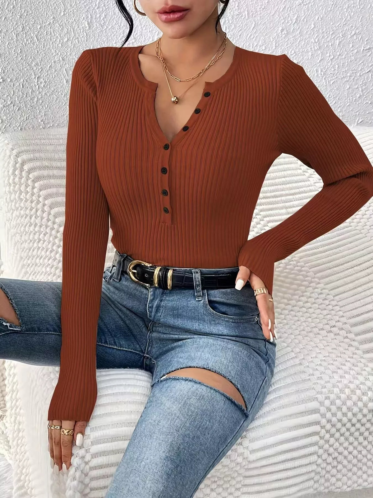 Ribbed knit button-front top by Simply Love, featuring a fitted design and ribbed texture, shown in a natural pose.