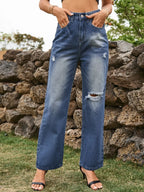 Distressed Plush Fashion Shop denim jeans with ripped details and pockets, casual fit for everyday wear.