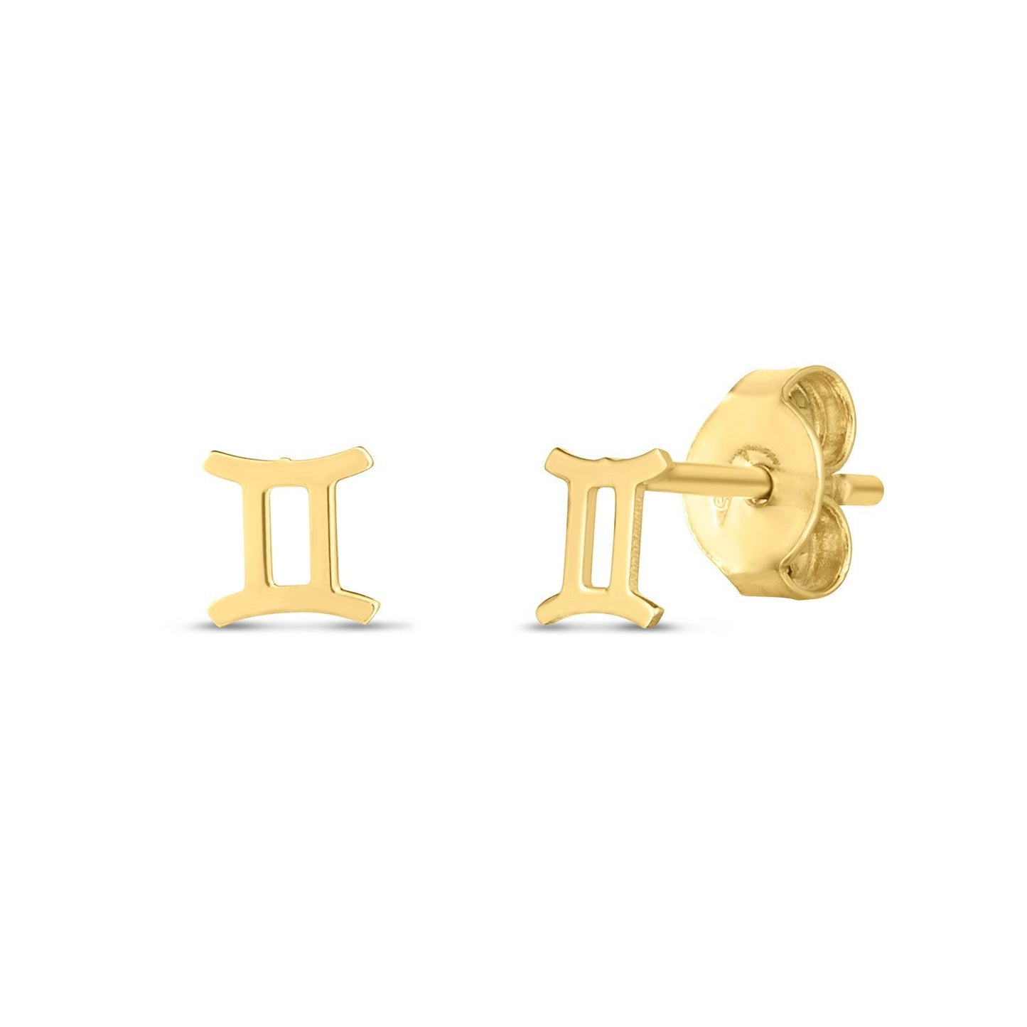 14K yellow gold Gemini stud earrings featuring celestial twin design, crafted by Plush Fashion Hub.