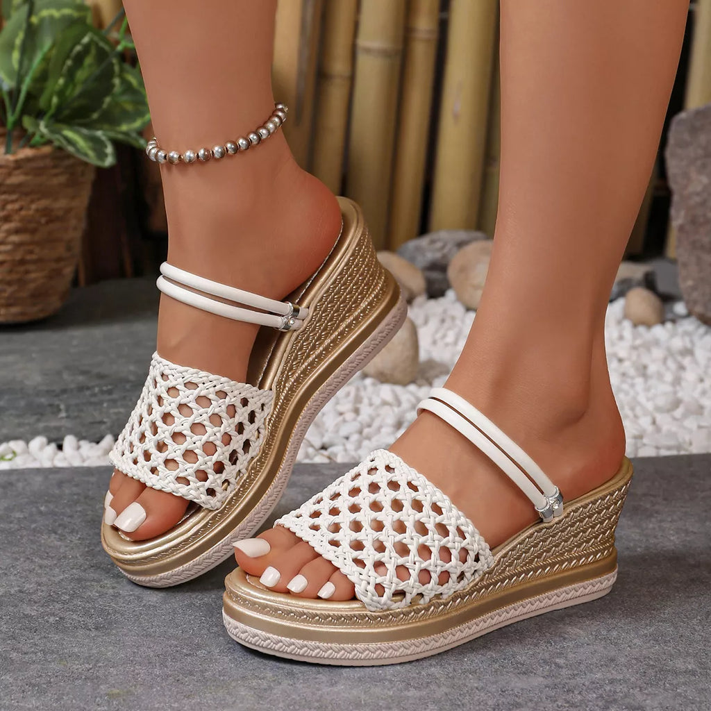 Open toe wedge sandals by Shopimist featuring tan straps and a wooden platform for a stylish summer look.