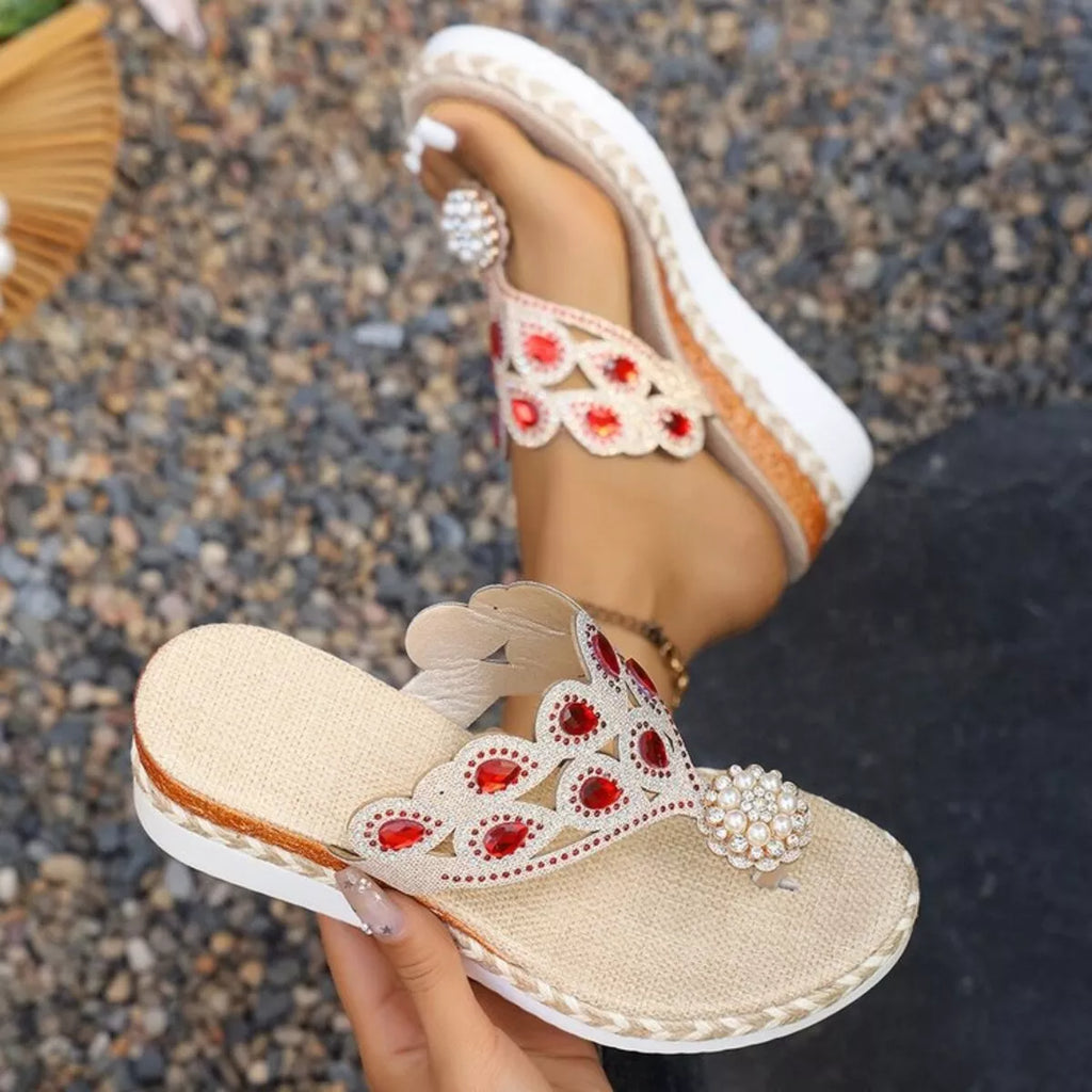 Shopimist toe post wedge sandals with tan leather straps and cork wedge heel, stylish and comfortable for warm weather wear.