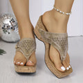 Shopimist toe post wedge sandals with tan leather straps and cork wedge heel, stylish and comfortable for summer wear.