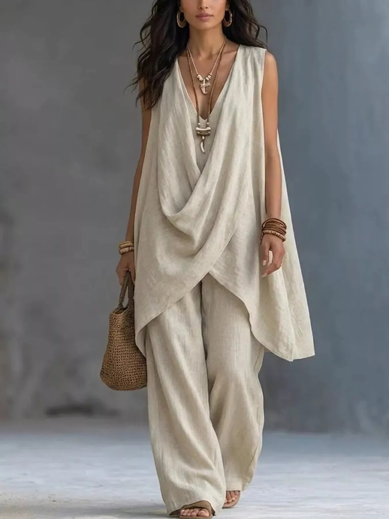 Sleeveless asymmetrical top and wide-leg pants set by Plush Fashion Hub, featuring a stylish, modern design and comfortable fit.