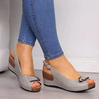Women's comfortable peep toe wedge sandals with mid-heel, casual dress shoes in neutral tones, featuring stylish straps and a supportive sole.