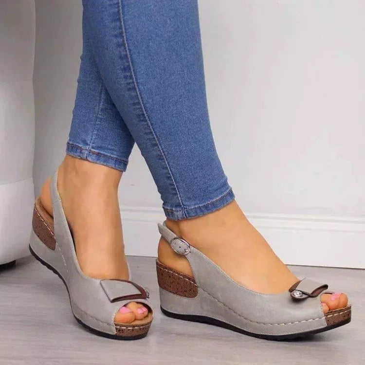 Women's comfortable peep toe wedge sandals with mid-heel, casual dress shoes in neutral tones, featuring stylish straps and a supportive sole.