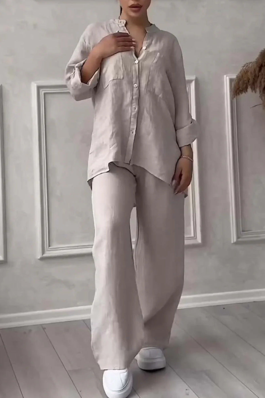 FitiqueFit wide-leg pants and lace-up top two-piece set in solid color, available in 12 sizes and 12 colors.