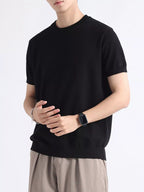 Men's plus size casual knitted short sleeve T-shirt from Trendsi, featuring a comfortable and stylish tops design in soft fabric.