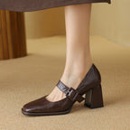 Women's sheepskin Mary Jane heels with square toe, chunky heel, and buckle detail from FitiqueFit footwear.