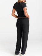 Women's round neck short sleeve T-shirt and drawstring lounge set by Trendsi, casual 2-piece comfort outfit, front view.