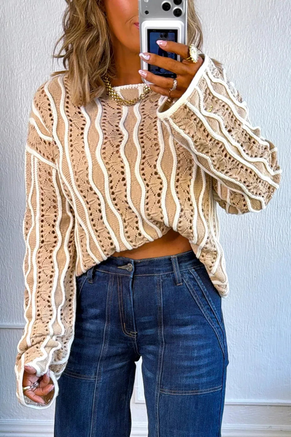 Wavy striped openwork knit top for women, casual shirt with contrast pattern, lightweight and trendy by Trendsi.