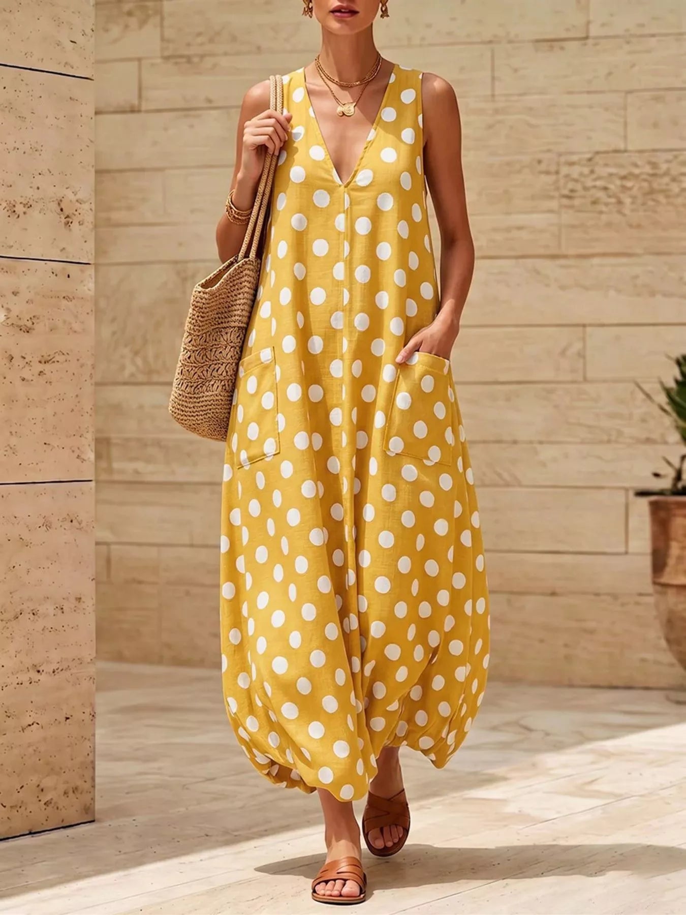 Polka dot V-neck sleeveless maxi dress by Shopimist, flowing fabric with a fitted bodice and full-length skirt, perfect for summer.