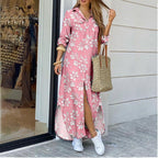 Women's floral print long shirt dress with lapel collar, midi length, relaxed fit, from Plush Fashion Hub