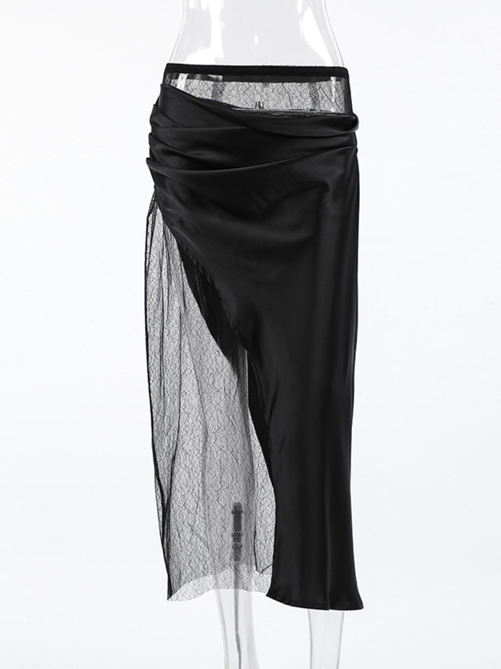 Elegant women's lace midi skirt with sheer split detail, stylish women's apparel by Trendsi, showcasing the flowing fabric and intricate lace pattern.