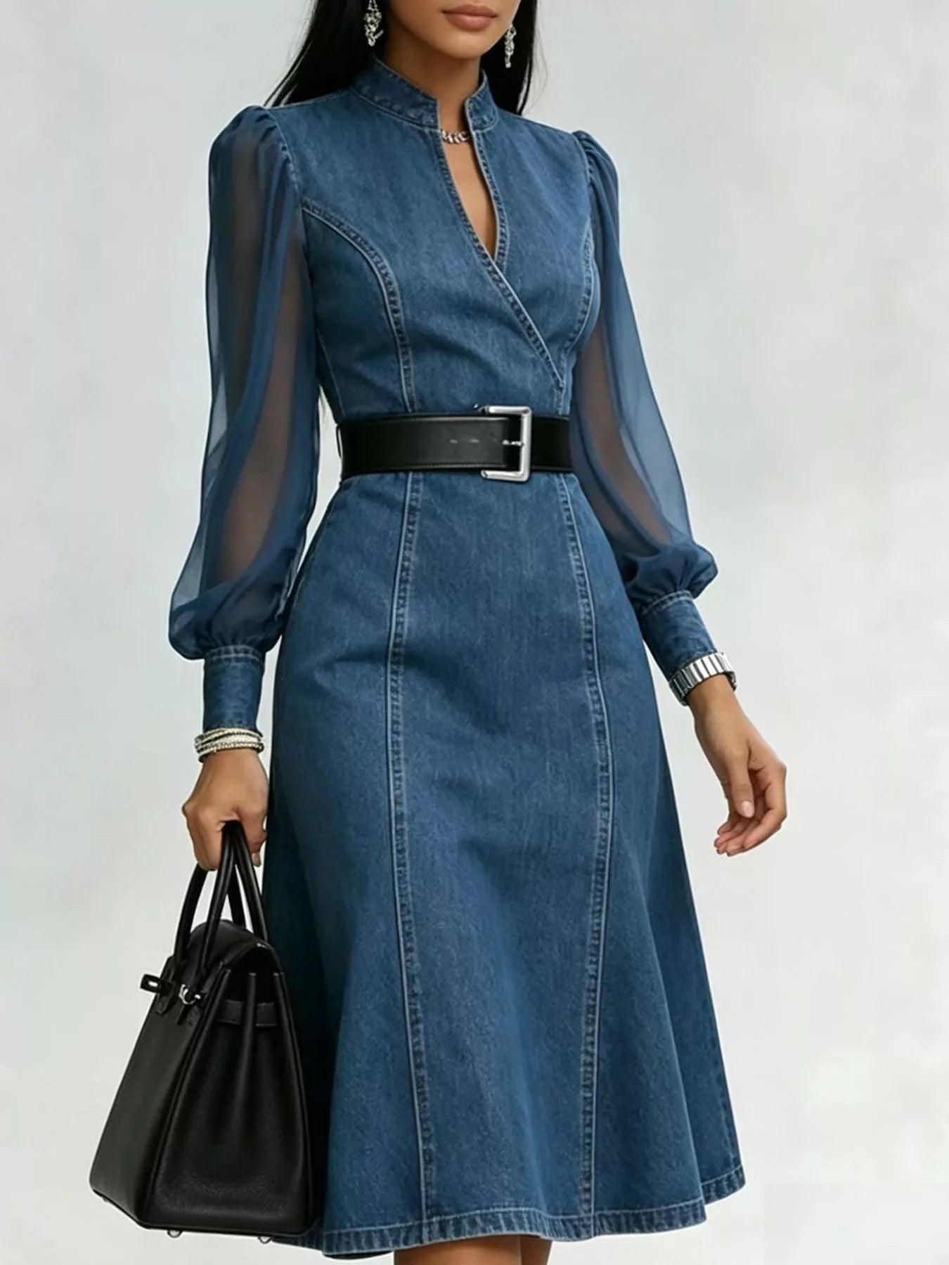 Denim midi dress with sheer sleeves from Plush Fashion Hub, featuring a stylish and modern design.