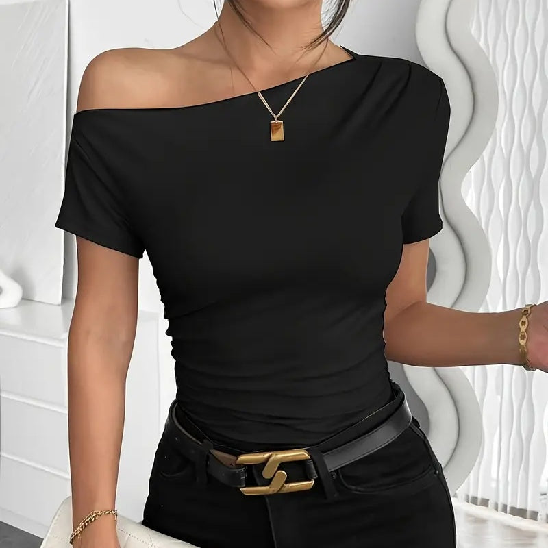 Women’s Y2K ruched one-shoulder summer top by Plush Fashion Hub, slim fit asymmetrical casualwear in vibrant fabric.