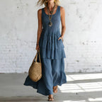Women’s sleeveless cotton linen maxi dress by FitiqueFit, casualwear style, loose fit with flowing fabric and relaxed fit.