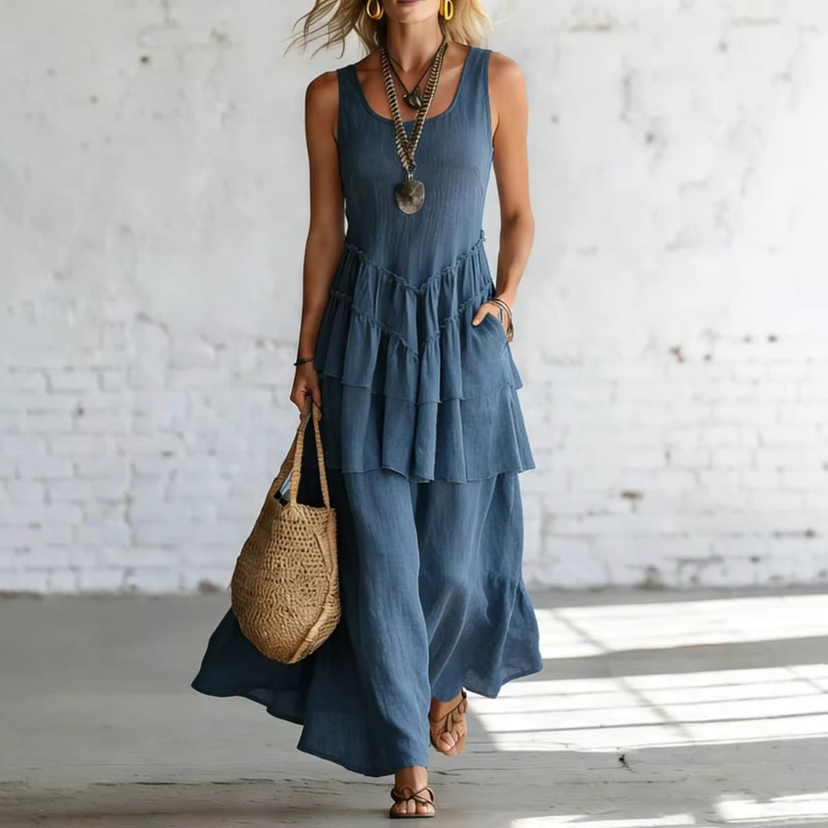 Women’s sleeveless cotton linen maxi dress by FitiqueFit, casualwear style, loose fit with flowing fabric and relaxed fit.
