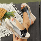 Open toe wedge sandals by Shopimist featuring beige straps and a cork platform, perfect for casual summer wear.