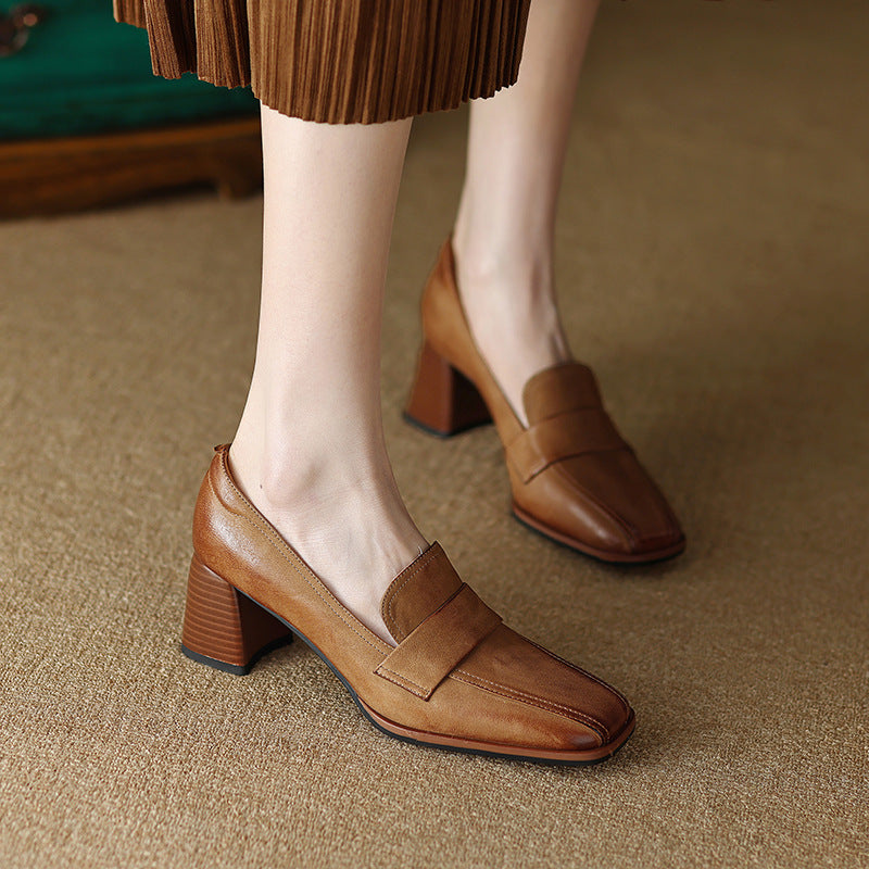 Women's sheepskin square toe chunky heel pumps from Plush Fashion Hub, featuring retro high heel dress shoes in a stylish design.