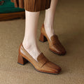Women's sheepskin square toe chunky heel pumps from Plush Fashion Hub, featuring retro high heel dress shoes in a stylish design.