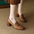 Women's sheepskin square toe chunky heel pumps from Plush Fashion Hub, featuring retro high heel dress shoes in a stylish design.