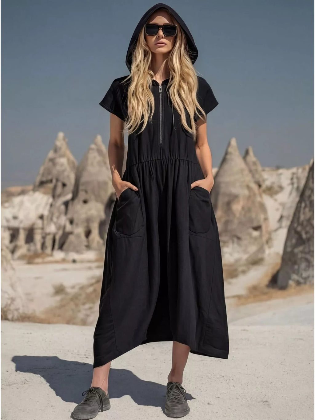 Full size hooded midi dress by Shopimist featuring a zipper, pockets, and a comfortable fit, shown in a stylish plus size design.