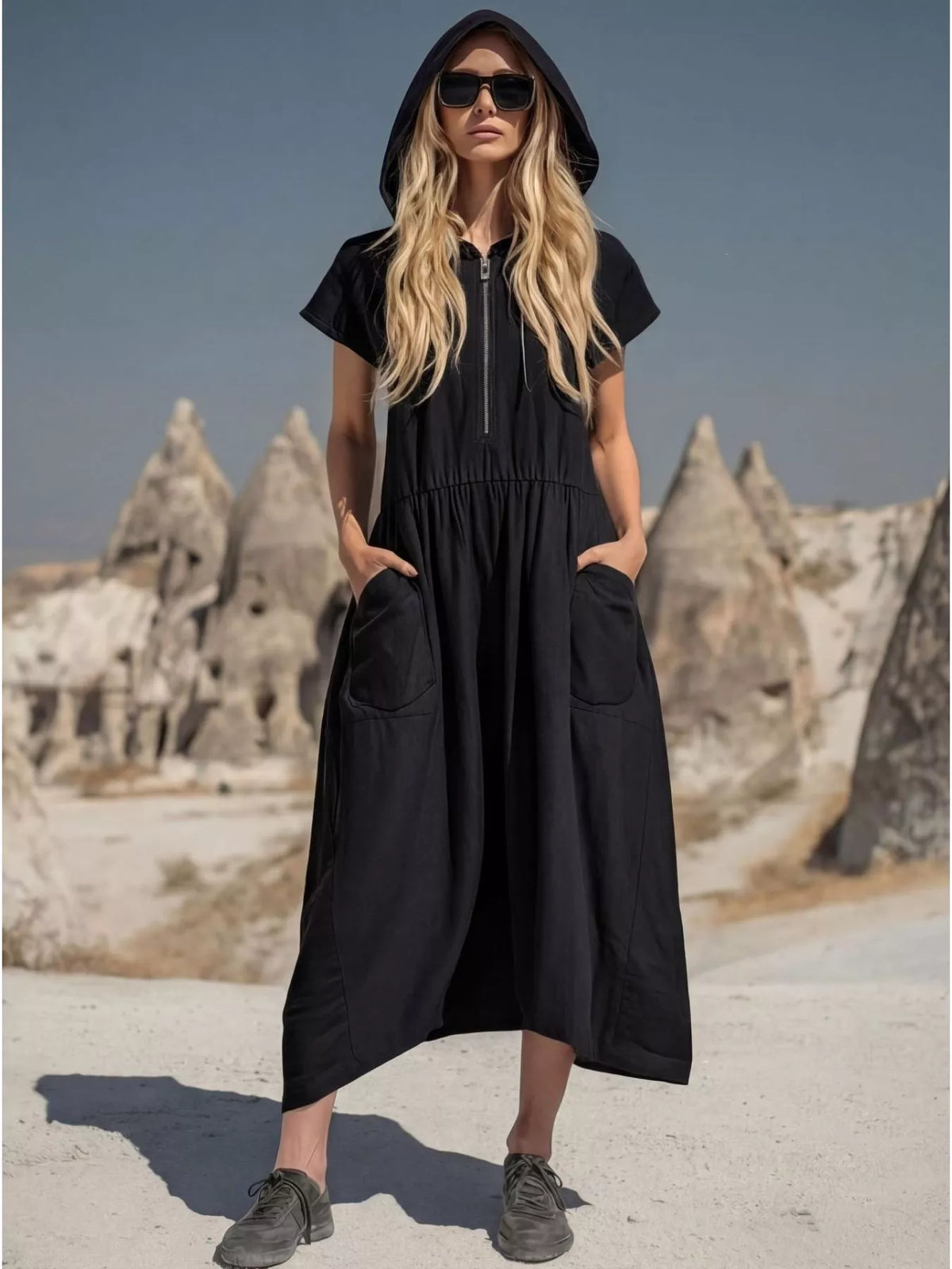Plus size full zip hooded midi dress with pockets from Plush Fashion Hub, featuring a casual, comfortable design and front pockets.