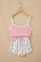 Plush Fashion Hub ribbed knit lace straps patchwork cropped top with floral lettuce hem, part of a short lounge set.