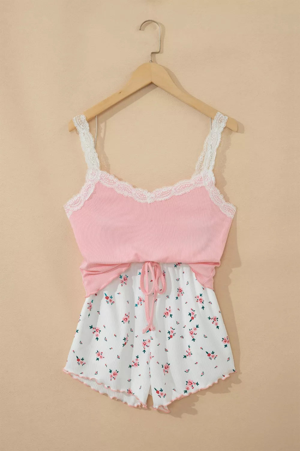 Plush Fashion Hub ribbed knit lace straps patchwork cropped top with floral lettuce hem, part of a short lounge set.