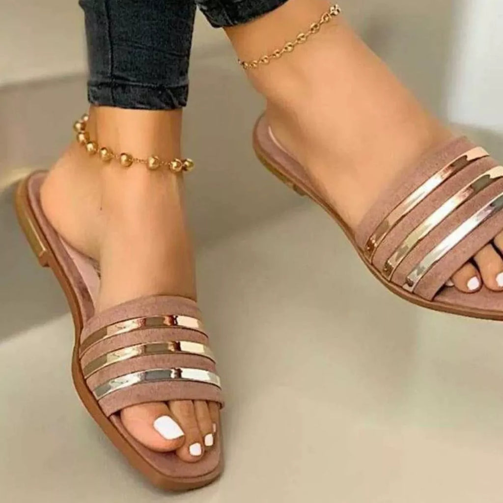Women's open toe striped flat sandals by Plush Fashion Hub, featuring comfortable PU leather for summer wear.