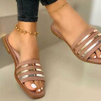 Women's open toe striped flat sandals by Plush Fashion Hub, featuring comfortable PU leather for summer wear.