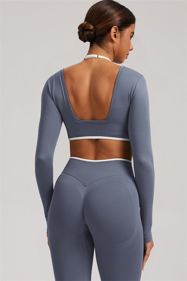Plush Fashion Hub Elevate long sleeve crop top and matching leggings 2-piece set, black, stretchy athleticwear for active and casual wear.