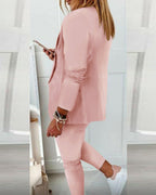 Plush Fashion Hub women's lapel blazer and drawstring trousers two-piece suit in multiple colors, front view, size XS to 3XL