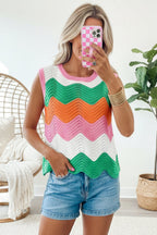 Women’s rainbow-striped cropped sweater vest by FitiqueFit, featuring vibrant horizontal rainbow stripes and a casual, stylish fit.