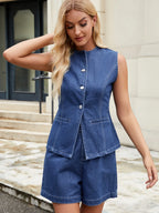 Button-front denim vest top from Trendsi, casual sleeveless denim top with front buttons and a fitted style.