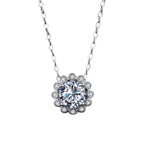 Sterling silver flower necklace with 1 carat moissanite gemstone, elegant jewelry piece with detailed floral design.