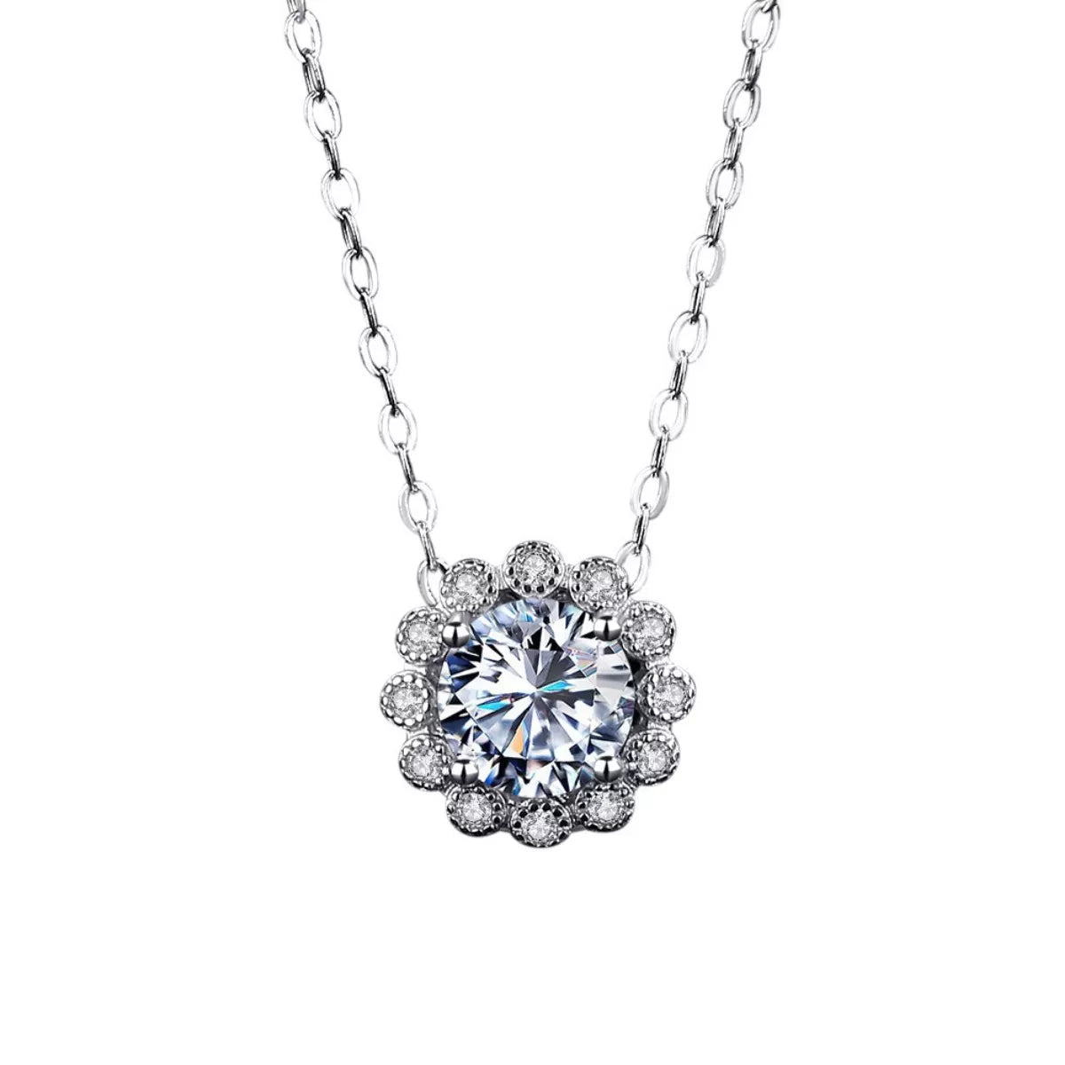 Sterling silver flower necklace with 1 carat moissanite gemstone, elegant jewelry piece with detailed floral design.
