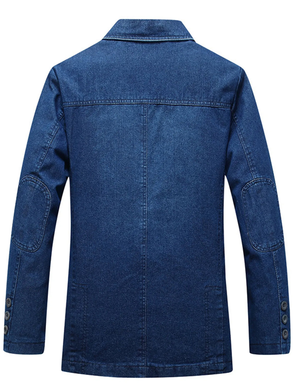 Men's plus size long sleeve denim blazer by Plush Fashion Hub, shown in dark blue with classic collar and button closure.