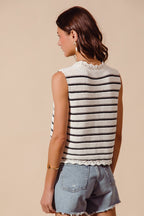 Women's striped knit sweater vest with crochet trim, button-down front, from Plush Fashion Hub, featuring a stylish and cozy design.