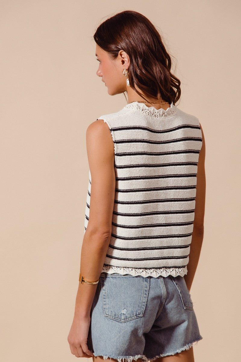 Women's striped knit sweater vest with crochet trim, button-down front, from Plush Fashion Hub, featuring a stylish and cozy design.